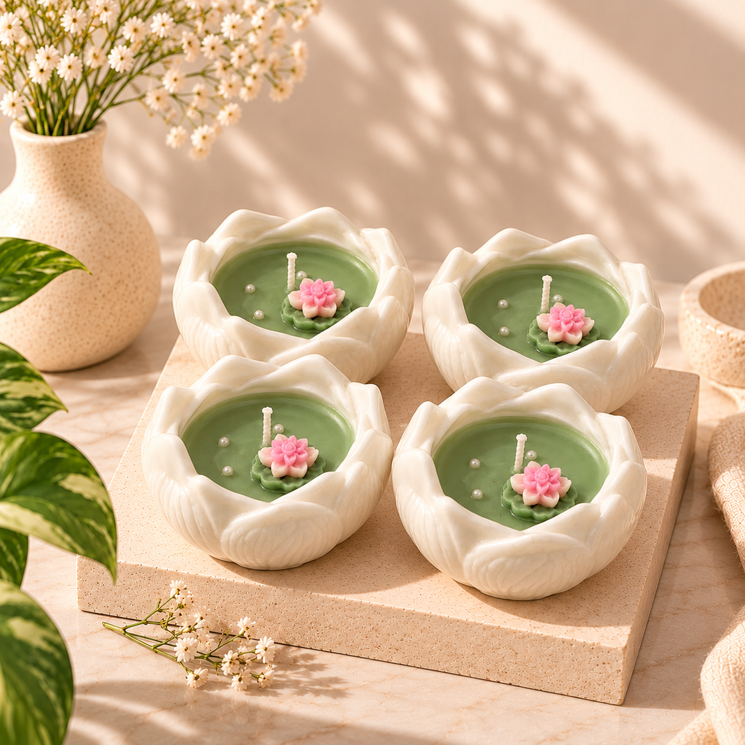 Lotus Bloom Ceramic Candle - Pack of 4