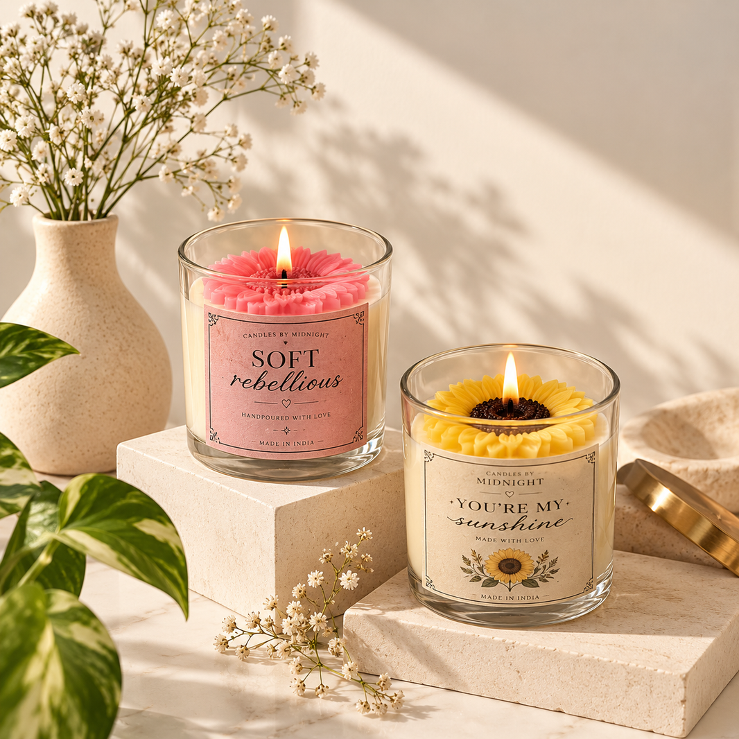 Soft Rebellion & Sunflower Candle Combo – Vanilla Cake + Honeyed Floral Gift Set of 2