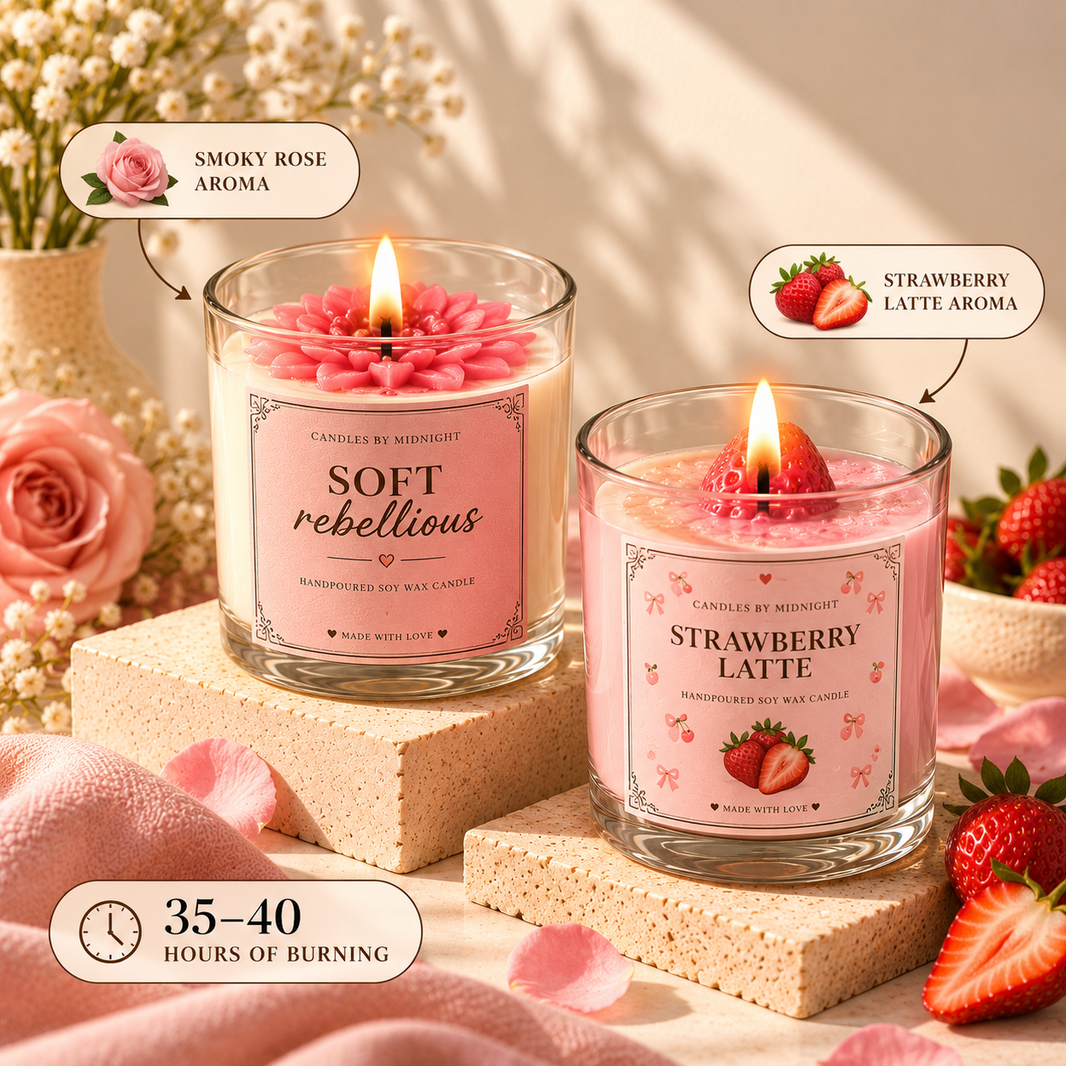 Soft Rebellion & Strawberry Latte Candle Combo – Smoky Rose + Strawberry Milk Gift Set of 2
