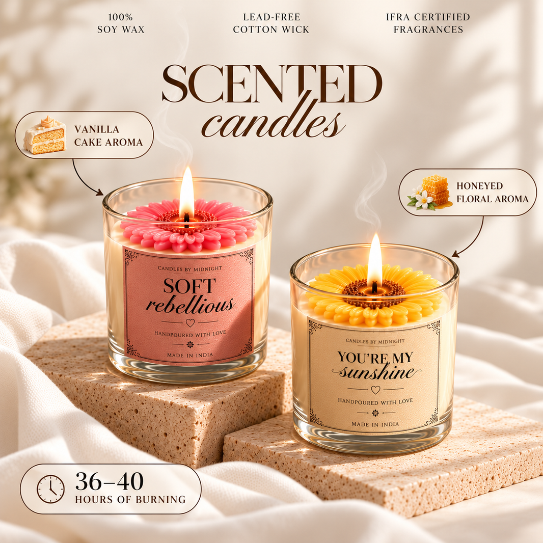 Soft Rebellion & Sunflower Candle Combo – Vanilla Cake + Honeyed Floral Gift Set of 2