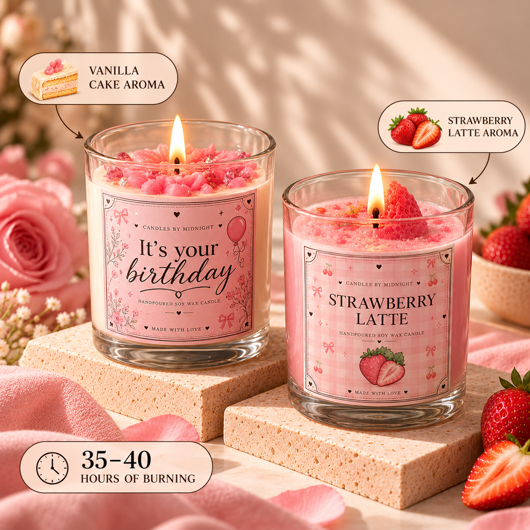 It's Your Birthday & Strawberry Latte Candle Combo – Vanilla Cake + Strawberry Milk Gift Set of 2