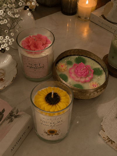 Lotus Urli Bowl, Soft Rebellion & Sunflower Candle Trio – Large Ceramic + Smoky Rose + Honeyed Floral Set of 3 - Candles By Midnight