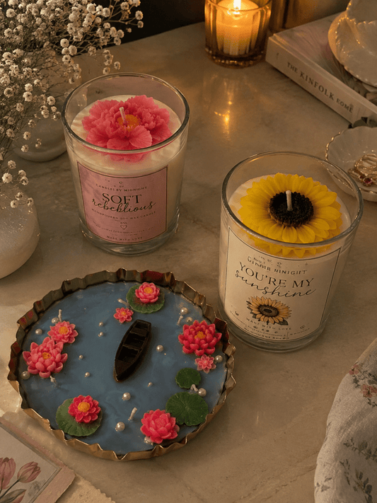 Lotus Urli Soft Rebellion & Sunflower Candle Trio – Large Ceramic + Smoky Rose + Honeyed Floral Set of 3 - Candles By Midnight