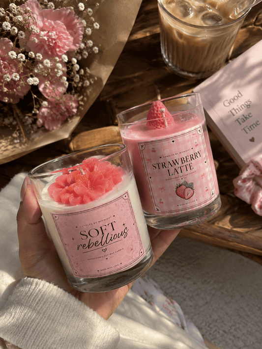 Soft Rebellion & Strawberry Latte Candle Combo – Smoky Rose + Strawberry Milk Gift Set of 2 - Candles By Midnight